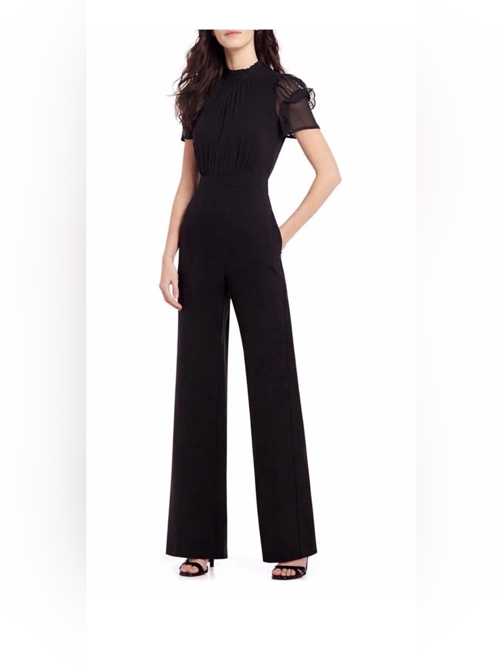 Vince Camuto Black Mock Neck Sheer Ruffle Sleeve Wide-Leg Jumpsuit we